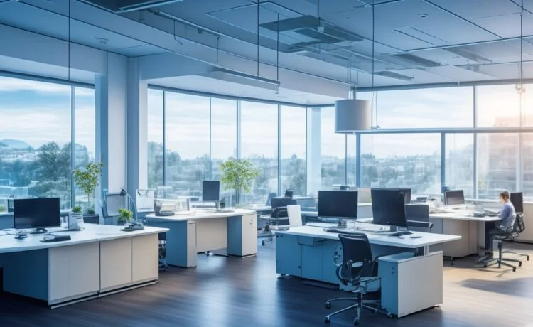 In einem modernen, lichtdurchfluteten Büro voller digitaler Netzwerkgeräte und entspannt lächelnder Fachleute entsteht eine warme, vertrauensvolle Atmosphäre, die den Aufbruch Europas zu unabhängiger, innovativer Netzwerktechnik eindrucksvoll widerspiegelt.