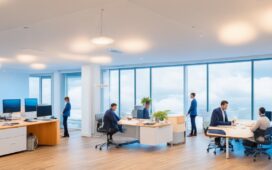 Ein warm beleuchtetes, modernes Büro mit einem fokussierten IT-Team, das mit lebendiger Kommunikation und digitaler Visualisierung den Übergang von Altsystemen in die Cloud strategisch plant – ein harmonisches Zusammenspiel aus Mensch und Technologie in natürlichem Tageslicht.