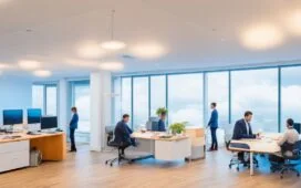 Ein warm beleuchtetes, modernes Büro mit einem fokussierten IT-Team, das mit lebendiger Kommunikation und digitaler Visualisierung den Übergang von Altsystemen in die Cloud strategisch plant – ein harmonisches Zusammenspiel aus Mensch und Technologie in natürlichem Tageslicht.