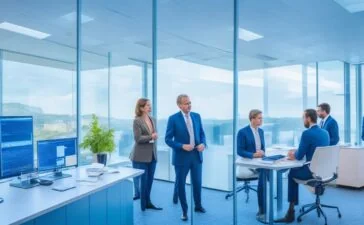 In einem modernen, lichtdurchfluteten Konferenzraum arbeiten international zusammengesetzte Ermittler konzentriert an digitalen Karten und Monitoren, während Sonnenlicht durch große Fenster Wärme und Hoffnung ausstrahlt – ein kraftvolles Symbol für die globale Zusammenarbeit im Kampf gegen Cyberkriminalität.