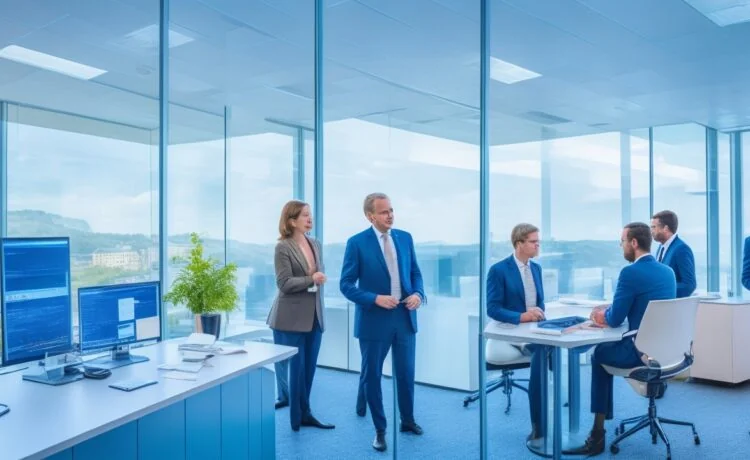 In einem modernen, lichtdurchfluteten Konferenzraum arbeiten international zusammengesetzte Ermittler konzentriert an digitalen Karten und Monitoren, während Sonnenlicht durch große Fenster Wärme und Hoffnung ausstrahlt – ein kraftvolles Symbol für die globale Zusammenarbeit im Kampf gegen Cyberkriminalität.