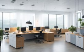 Ein warm erleuchtetes, modernes Büro mit zwei konzentrierten Fachleuten, die vor großen Bildschirmen komplexe Daten und strategische Grafiken zu künstlicher Intelligenz analysieren, während das natürliche Tageslicht sanft durch große Fenster fällt und eine Atmosphäre von Innovation, Kooperation und zukunftsweisender Technologie schafft.