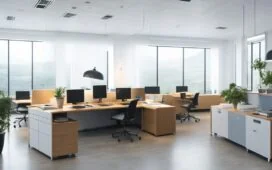 Ein warm erleuchtetes, modernes Büro mit zwei konzentrierten Fachleuten, die vor großen Bildschirmen komplexe Daten und strategische Grafiken zu künstlicher Intelligenz analysieren, während das natürliche Tageslicht sanft durch große Fenster fällt und eine Atmosphäre von Innovation, Kooperation und zukunftsweisender Technologie schafft.
