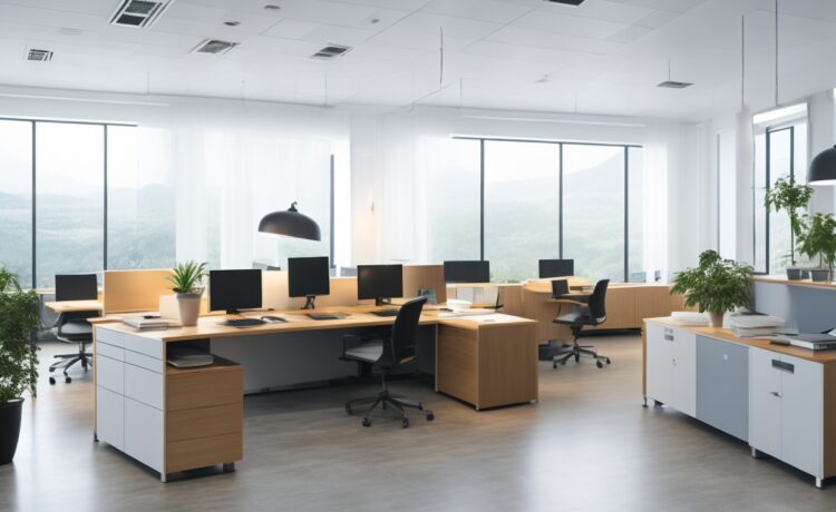 Ein warm erleuchtetes, modernes Büro mit zwei konzentrierten Fachleuten, die vor großen Bildschirmen komplexe Daten und strategische Grafiken zu künstlicher Intelligenz analysieren, während das natürliche Tageslicht sanft durch große Fenster fällt und eine Atmosphäre von Innovation, Kooperation und zukunftsweisender Technologie schafft.