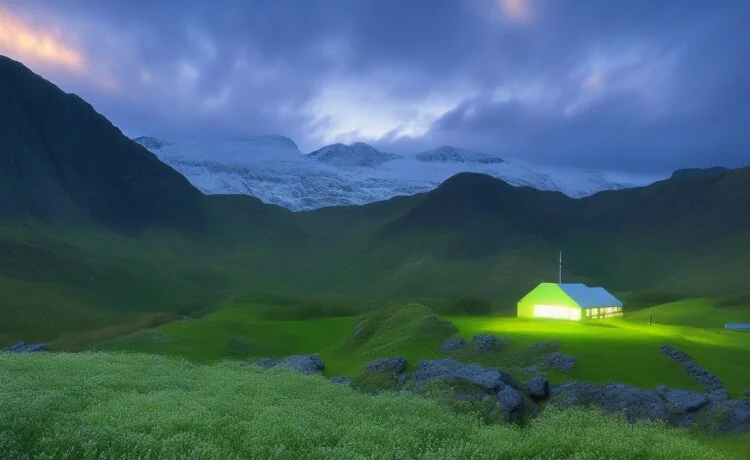 Strahlend klarer Morgen über einem modernen, weitläufigen norwegischen Rechenzentrum eingebettet in eine sanft grüne Landschaft, von natürlichem Sonnenlicht durchflutet und mit lebendiger Atmosphäre, die technologische Zukunft und nachhaltige Innovation überzeugend vereint.