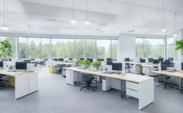 Ein lichtdurchflutetes modernes Büro mit motivierten IT-Fachkräften in entspannter, freundlicher Atmosphäre, die konzentriert und zugleich kollegial an Laptops und digitalen Whiteboards zusammenarbeiten, während warme Sonnenstrahlen das Szenenbild mit natürlichem Glanz und lebendiger Energie erfüllen.