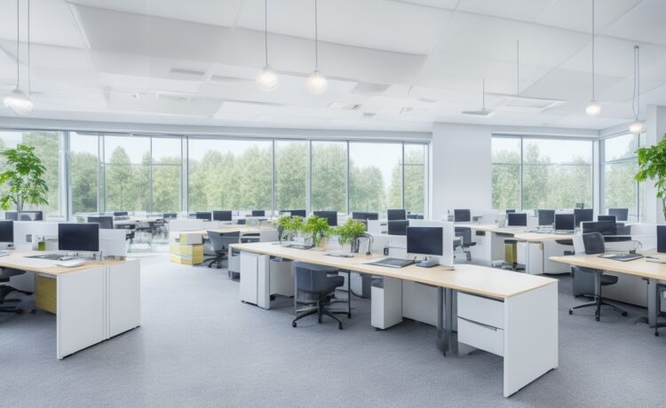 Ein lichtdurchflutetes modernes Büro mit motivierten IT-Fachkräften in entspannter, freundlicher Atmosphäre, die konzentriert und zugleich kollegial an Laptops und digitalen Whiteboards zusammenarbeiten, während warme Sonnenstrahlen das Szenenbild mit natürlichem Glanz und lebendiger Energie erfüllen.