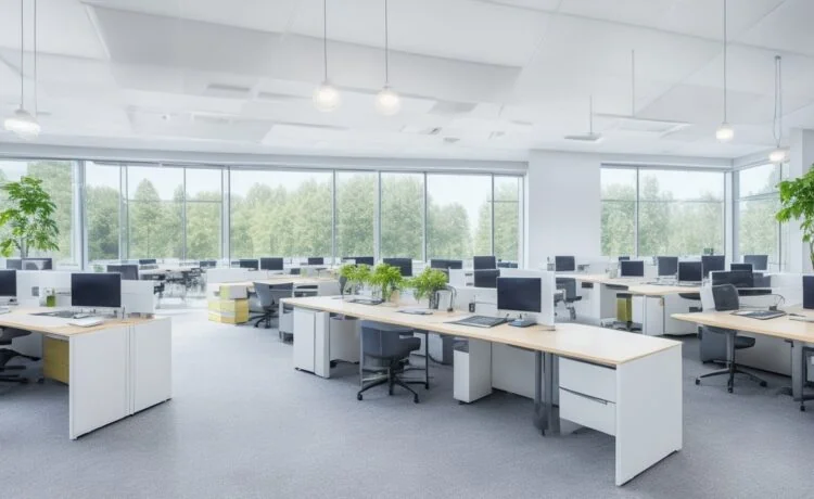 Ein lichtdurchflutetes modernes Büro mit motivierten IT-Fachkräften in entspannter, freundlicher Atmosphäre, die konzentriert und zugleich kollegial an Laptops und digitalen Whiteboards zusammenarbeiten, während warme Sonnenstrahlen das Szenenbild mit natürlichem Glanz und lebendiger Energie erfüllen.