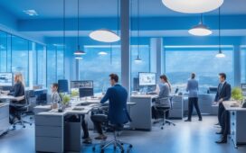 Ein lichtdurchflutetes, modernes Büro mit einem freundlichen Entwicklerteam in intensiver Zusammenarbeit vor hellen Bildschirmen, umgeben von warmen Holztönen und natürlichem Tageslicht, das die Balance zwischen technologischer Innovation und menschlicher Nähe eindrucksvoll einfängt.