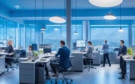 Ein lichtdurchflutetes, modernes Büro mit einem freundlichen Entwicklerteam in intensiver Zusammenarbeit vor hellen Bildschirmen, umgeben von warmen Holztönen und natürlichem Tageslicht, das die Balance zwischen technologischer Innovation und menschlicher Nähe eindrucksvoll einfängt.