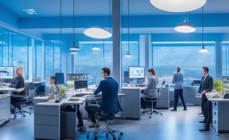 Ein lichtdurchflutetes, modernes Büro mit einem freundlichen Entwicklerteam in intensiver Zusammenarbeit vor hellen Bildschirmen, umgeben von warmen Holztönen und natürlichem Tageslicht, das die Balance zwischen technologischer Innovation und menschlicher Nähe eindrucksvoll einfängt.