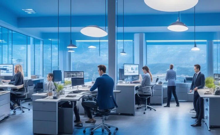 Ein lichtdurchflutetes, modernes Büro mit einem freundlichen Entwicklerteam in intensiver Zusammenarbeit vor hellen Bildschirmen, umgeben von warmen Holztönen und natürlichem Tageslicht, das die Balance zwischen technologischer Innovation und menschlicher Nähe eindrucksvoll einfängt.