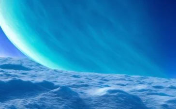 Strahlendes, detailreiches Bild von Ganymed in natürlichem Sonnenlicht, das den eisigen Mond mit seinem sanft schimmernden Ozean unter glatter Eiskruste zeigt, eingebettet vor dem hell leuchtenden Jupiter und einem tiefblauen Weltraumhintergrund – ein einladendes, warmes Editorial-Porträt, das die geheimnisvolle Verbindung zwischen kosmischer Forschung und dem faszinierenden Potenzial zur Entdeckung Dunkler Materie eindrucksvoll einfängt.