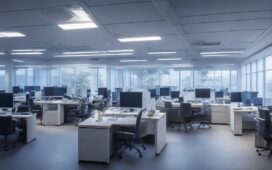 Ein lichtdurchflutetes, modernes Büro mit einem freundlichen Forscherteam unterschiedlicher Altersgruppen, die konzentriert an Computern mit leuchtenden Bildschirmen arbeiten und sich dabei offen und kooperativ austauschen, während warme Sonnenstrahlen durch große Fenster die Szene in ein einladendes, menschliches Ambiente tauchen.