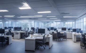 Ein lichtdurchflutetes, modernes Büro mit einem freundlichen Forscherteam unterschiedlicher Altersgruppen, die konzentriert an Computern mit leuchtenden Bildschirmen arbeiten und sich dabei offen und kooperativ austauschen, während warme Sonnenstrahlen durch große Fenster die Szene in ein einladendes, menschliches Ambiente tauchen.