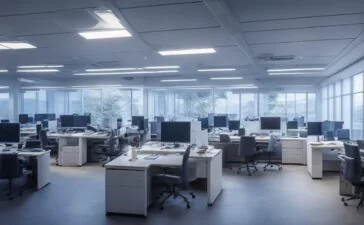 Ein lichtdurchflutetes, modernes Büro mit einem freundlichen Forscherteam unterschiedlicher Altersgruppen, die konzentriert an Computern mit leuchtenden Bildschirmen arbeiten und sich dabei offen und kooperativ austauschen, während warme Sonnenstrahlen durch große Fenster die Szene in ein einladendes, menschliches Ambiente tauchen.
