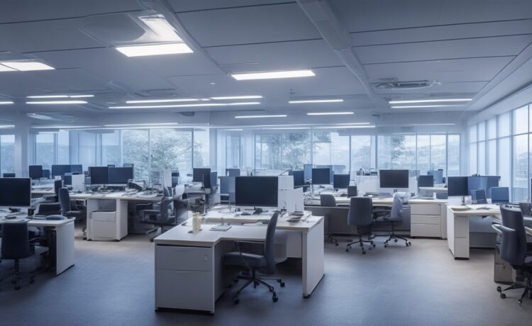Ein lichtdurchflutetes, modernes Büro mit einem freundlichen Forscherteam unterschiedlicher Altersgruppen, die konzentriert an Computern mit leuchtenden Bildschirmen arbeiten und sich dabei offen und kooperativ austauschen, während warme Sonnenstrahlen durch große Fenster die Szene in ein einladendes, menschliches Ambiente tauchen.
