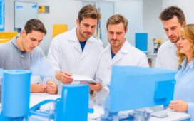 Ein lichtdurchflutetes Labor mit modernen Bildschirmen und komplexen Molekülmodellen, auf denen ein motiviertes, interdisziplinäres Team aus Forschern in heller Arbeitskleidung konzentriert die Zukunft der Medikamentenentwicklung mithilfe künstlicher Intelligenz gestaltet – warmes Tageslicht fällt sanft durch große Fenster und schafft eine einladende, hoffnungsvolle Atmosphäre.