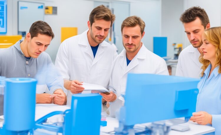 Ein lichtdurchflutetes Labor mit modernen Bildschirmen und komplexen Molekülmodellen, auf denen ein motiviertes, interdisziplinäres Team aus Forschern in heller Arbeitskleidung konzentriert die Zukunft der Medikamentenentwicklung mithilfe künstlicher Intelligenz gestaltet – warmes Tageslicht fällt sanft durch große Fenster und schafft eine einladende, hoffnungsvolle Atmosphäre.