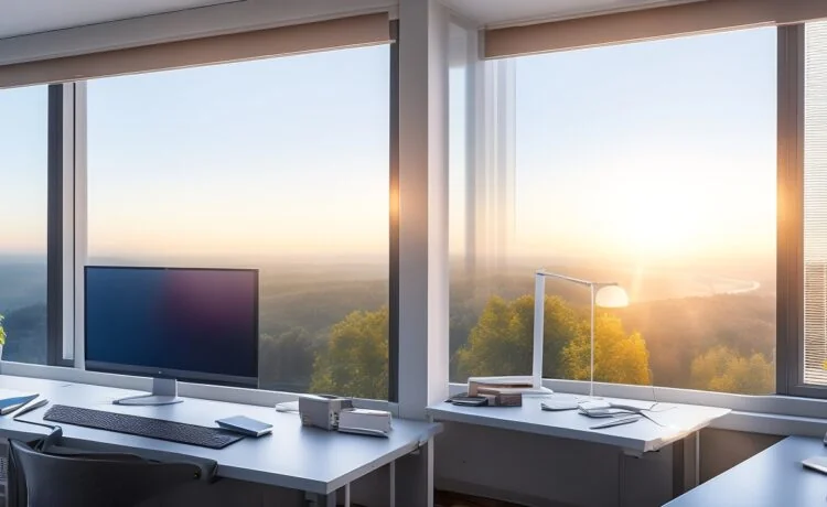 In einem modernen, lichtdurchfluteten Büro strahlt eine junge IT-Entwicklerin mit offenem Lächeln vor einem vielseitigen Computermonitor, während sanfte Sonnenstrahlen durch große Fenster fallen und eine warme, einladende Atmosphäre schaffen, die den positiven Wandel und die kooperative Partnerschaft zwischen Mensch und künstlicher Intelligenz im Arbeitsalltag lebendig einfängt.