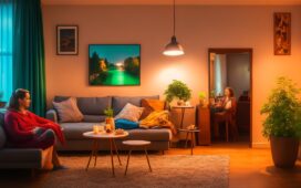 Eine helle, freundlich ausgeleuchtete Szene zeigt eine junge Frau in einem modernen, warm gestalteten Wohnzimmer, die entspannt mit einem digitalen Gerät kommuniziert, während sanftes Tageslicht durch große Fenster fällt und eine Atmosphäre von Hoffnung und einfühlsamer Verbindung zwischen Mensch und moderner KI vermittelt.