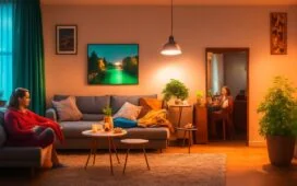Eine helle, freundlich ausgeleuchtete Szene zeigt eine junge Frau in einem modernen, warm gestalteten Wohnzimmer, die entspannt mit einem digitalen Gerät kommuniziert, während sanftes Tageslicht durch große Fenster fällt und eine Atmosphäre von Hoffnung und einfühlsamer Verbindung zwischen Mensch und moderner KI vermittelt.