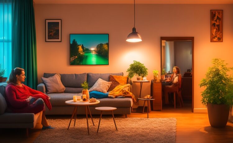 Eine helle, freundlich ausgeleuchtete Szene zeigt eine junge Frau in einem modernen, warm gestalteten Wohnzimmer, die entspannt mit einem digitalen Gerät kommuniziert, während sanftes Tageslicht durch große Fenster fällt und eine Atmosphäre von Hoffnung und einfühlsamer Verbindung zwischen Mensch und moderner KI vermittelt.