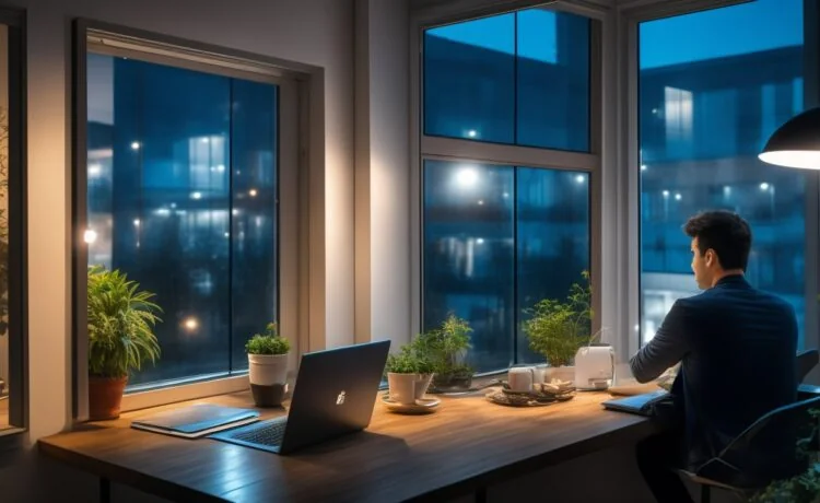Ein heller, warm beleuchteter Arbeitsplatz mit einem modernen Laptop, auf dem eine komplexe Programmier- oder KI-Oberfläche zu sehen ist, während im Hintergrund Sonnenlicht sanft durch ein Fenster fällt und eine entspannte, vertrauensvolle Atmosphäre von digitaler Autonomie und persönlichem Datenschutz vermittelt wird.