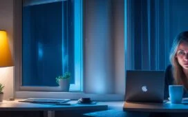 In einem hell erleuchteten, modernen Büro lächelt eine junge Frau entspannt am Laptop, während im Hintergrund sanft warme Sonnenstrahlen durch große Fenster fallen und ein Gefühl von Zuversicht und digitaler Zukunft in der Altersvorsorge vermitteln.
