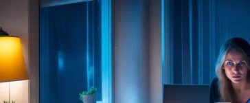 In einem hell erleuchteten, modernen Büro lächelt eine junge Frau entspannt am Laptop, während im Hintergrund sanft warme Sonnenstrahlen durch große Fenster fallen und ein Gefühl von Zuversicht und digitaler Zukunft in der Altersvorsorge vermitteln.