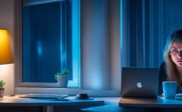 In einem hell erleuchteten, modernen Büro lächelt eine junge Frau entspannt am Laptop, während im Hintergrund sanft warme Sonnenstrahlen durch große Fenster fallen und ein Gefühl von Zuversicht und digitaler Zukunft in der Altersvorsorge vermitteln.