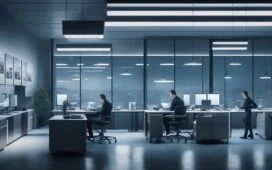 Ein modernes, hell erleuchtetes Büro mit einer freundlichen Person mittleren Alters, die konzentriert vor einem großen Bildschirm sitzt und in einem harmonisch gestalteten, technologisch inspirierenden Umfeld entspannt mit einer KI-basierten Websuche interagiert, während durch die Fenster warmes Tageslicht fällt und eine Atmosphäre von Offenheit, Innovation und Zukunftsoptimismus vermittelt.