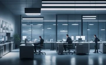 Ein modernes, hell erleuchtetes Büro mit einer freundlichen Person mittleren Alters, die konzentriert vor einem großen Bildschirm sitzt und in einem harmonisch gestalteten, technologisch inspirierenden Umfeld entspannt mit einer KI-basierten Websuche interagiert, während durch die Fenster warmes Tageslicht fällt und eine Atmosphäre von Offenheit, Innovation und Zukunftsoptimismus vermittelt.