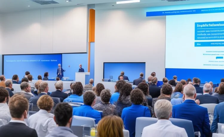 Ein heller, inspirierender Konferenzraum mit modernen, transparenten Bildschirmen, auf denen schemenhafte, digitale Avatare von Wissenschaftlern in lebhaftem Austausch stehen, umgeben von natürlichem Tageslicht, das die freundliche und zukunftsweisende Atmosphäre eines virtuellen KI-Gipfels warm und realistisch einfängt.