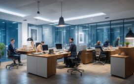 Ein hell erleuchtetes Büro mit einer entspannt lächelnden jungen Marketingexpertin, die in natürlichem Tageslicht an ihrem Laptop arbeitet und konzentriert, aber warmherzig in die Zukunft blickt – ein harmonisches Bild von moderner Technologie und menschlichem Vertrauen im Spannungsfeld künstlicher Intelligenz im Marketing.