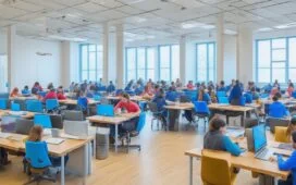 Ein heller, freundlicher Hochschulhörsaal im warmen Tageslicht, in dem Studierende und Dozenten aufmerksam an modernen Laptops arbeiten, mit einem Fokus auf eine offene, kollaborative Lernatmosphäre, die den zukunftsweisenden Einsatz von Künstlicher Intelligenz in der Bildung spiegelt.