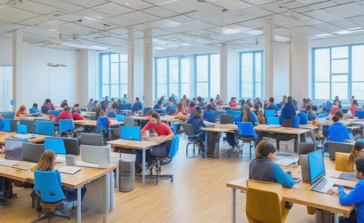 Ein heller, freundlicher Hochschulhörsaal im warmen Tageslicht, in dem Studierende und Dozenten aufmerksam an modernen Laptops arbeiten, mit einem Fokus auf eine offene, kollaborative Lernatmosphäre, die den zukunftsweisenden Einsatz von Künstlicher Intelligenz in der Bildung spiegelt.