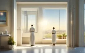 Ein helles, natürlich beleuchtetes Labor mit freundlichen Forschenden in moderner Kleidung, die konzentriert an biotechnologischen Geräten arbeiten, während warme Sonnenstrahlen sanft durch große Fenster fallen und die Atmosphäre von Innovation, Hoffnung und präziser Genomforschung mit KI-Unterstützung vermitteln.