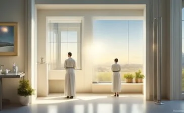 Ein helles, natürlich beleuchtetes Labor mit freundlichen Forschenden in moderner Kleidung, die konzentriert an biotechnologischen Geräten arbeiten, während warme Sonnenstrahlen sanft durch große Fenster fallen und die Atmosphäre von Innovation, Hoffnung und präziser Genomforschung mit KI-Unterstützung vermitteln.