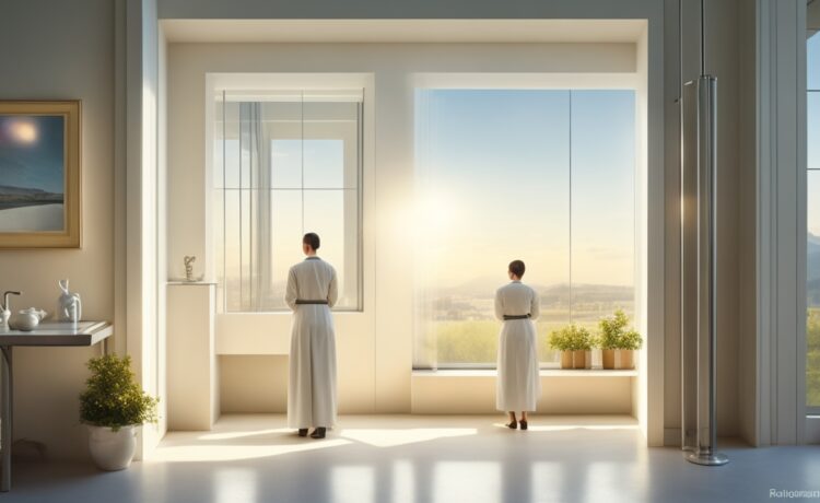 Ein helles, natürlich beleuchtetes Labor mit freundlichen Forschenden in moderner Kleidung, die konzentriert an biotechnologischen Geräten arbeiten, während warme Sonnenstrahlen sanft durch große Fenster fallen und die Atmosphäre von Innovation, Hoffnung und präziser Genomforschung mit KI-Unterstützung vermitteln.