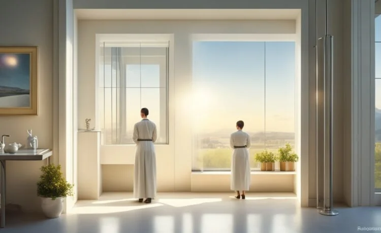 Ein helles, natürlich beleuchtetes Labor mit freundlichen Forschenden in moderner Kleidung, die konzentriert an biotechnologischen Geräten arbeiten, während warme Sonnenstrahlen sanft durch große Fenster fallen und die Atmosphäre von Innovation, Hoffnung und präziser Genomforschung mit KI-Unterstützung vermitteln.