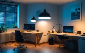 In einem hell erleuchteten, modernen Arbeitszimmer sitzt eine nachdenkliche Frau vor einem Laptop, umgeben von sanftem Tageslicht und warmen Holztönen, während im Hintergrund ein stilvolles Smart Home-Setup mit leuchtenden Sprachassistenten-LEDs die Balance zwischen Technologie und persönlichem Raum symbolisiert.