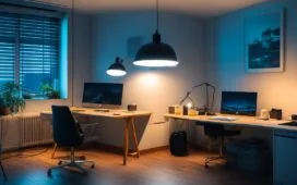 In einem hell erleuchteten, modernen Arbeitszimmer sitzt eine nachdenkliche Frau vor einem Laptop, umgeben von sanftem Tageslicht und warmen Holztönen, während im Hintergrund ein stilvolles Smart Home-Setup mit leuchtenden Sprachassistenten-LEDs die Balance zwischen Technologie und persönlichem Raum symbolisiert.