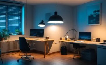 In einem hell erleuchteten, modernen Arbeitszimmer sitzt eine nachdenkliche Frau vor einem Laptop, umgeben von sanftem Tageslicht und warmen Holztönen, während im Hintergrund ein stilvolles Smart Home-Setup mit leuchtenden Sprachassistenten-LEDs die Balance zwischen Technologie und persönlichem Raum symbolisiert.