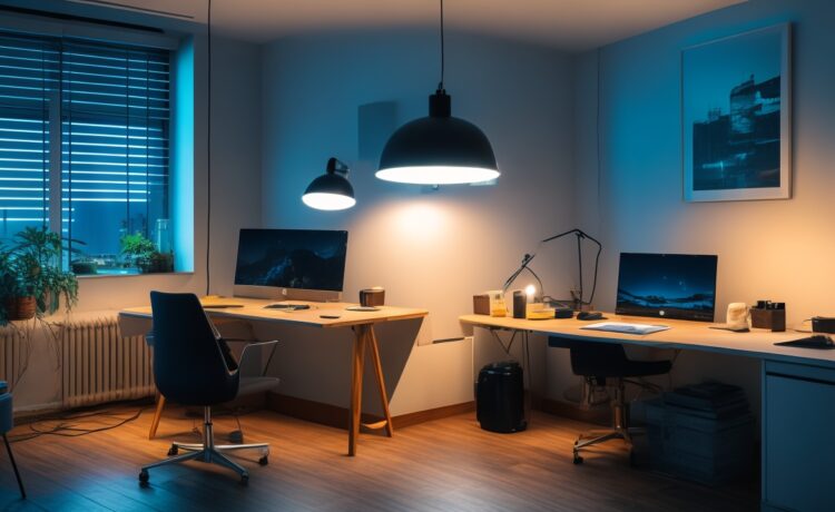 In einem hell erleuchteten, modernen Arbeitszimmer sitzt eine nachdenkliche Frau vor einem Laptop, umgeben von sanftem Tageslicht und warmen Holztönen, während im Hintergrund ein stilvolles Smart Home-Setup mit leuchtenden Sprachassistenten-LEDs die Balance zwischen Technologie und persönlichem Raum symbolisiert.
