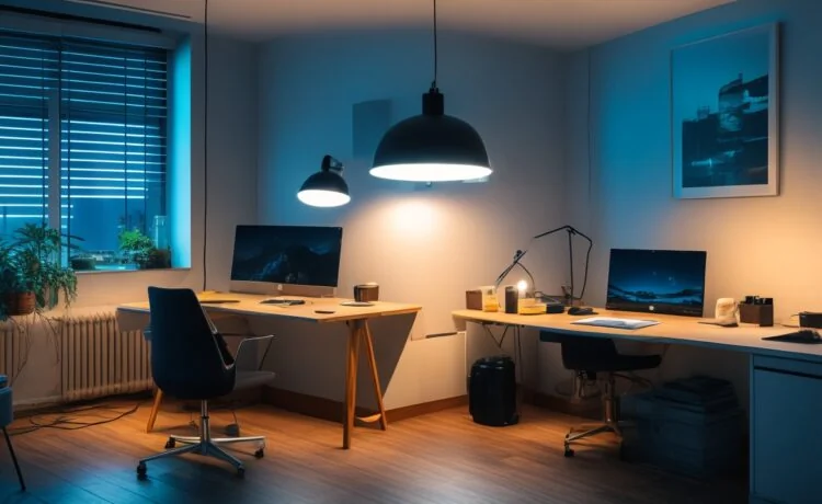In einem hell erleuchteten, modernen Arbeitszimmer sitzt eine nachdenkliche Frau vor einem Laptop, umgeben von sanftem Tageslicht und warmen Holztönen, während im Hintergrund ein stilvolles Smart Home-Setup mit leuchtenden Sprachassistenten-LEDs die Balance zwischen Technologie und persönlichem Raum symbolisiert.