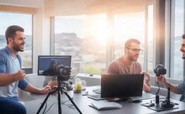 Ein helle, freundliche Büroszene mit einem jungen Marketingteam, das entspannt an modernen Computern arbeitet und dabei lebhaft über KI-gestützte Videoproduktion diskutiert, warmes Sonnenlicht fällt durch große Fenster und schafft eine inspirierende, kollegiale Atmosphäre voller Motivation und Zukunftszugewandtheit.