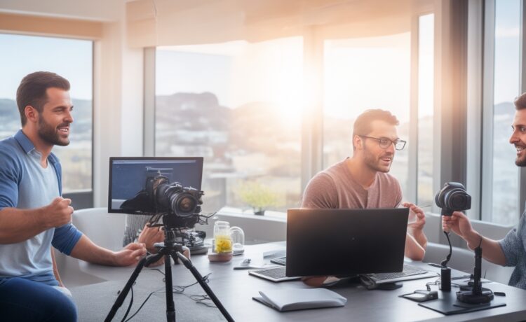 Ein helle, freundliche Büroszene mit einem jungen Marketingteam, das entspannt an modernen Computern arbeitet und dabei lebhaft über KI-gestützte Videoproduktion diskutiert, warmes Sonnenlicht fällt durch große Fenster und schafft eine inspirierende, kollegiale Atmosphäre voller Motivation und Zukunftszugewandtheit.