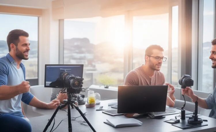 Ein helle, freundliche Büroszene mit einem jungen Marketingteam, das entspannt an modernen Computern arbeitet und dabei lebhaft über KI-gestützte Videoproduktion diskutiert, warmes Sonnenlicht fällt durch große Fenster und schafft eine inspirierende, kollegiale Atmosphäre voller Motivation und Zukunftszugewandtheit.
