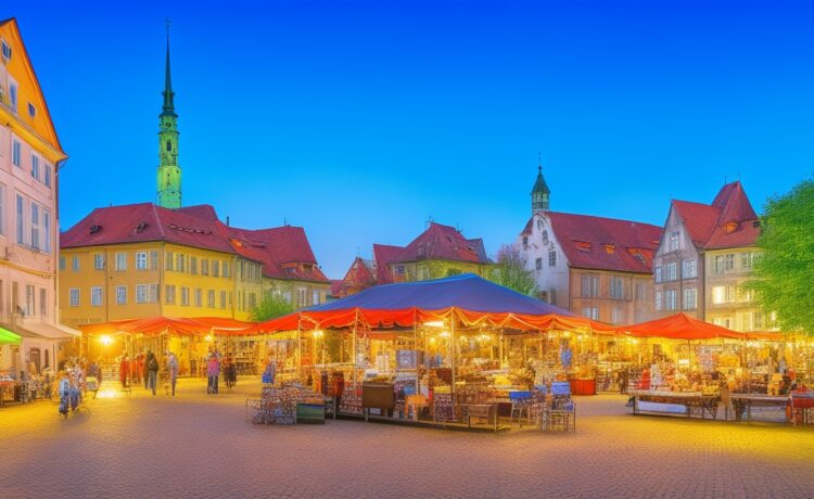 Ein sonnendurchfluteter, belebter Marktplatz in einer niedersächsischen Stadt, auf dem moderne Sicherheitskameras diskret an Laternenmasten montiert sind, während freundliche Passanten in entspannter Atmosphäre ihrem Alltag nachgehen und die warme, natürliche Lichtstimmung Vertrauen und Dialogbereitschaft zwischen Technologie und Gesellschaft symbolisiert.